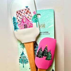 2 Pink Christmas Gingerbread House Silicone Spatulas + Tree Cookie Cutter